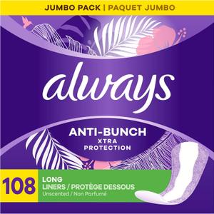 Always Anti-Bunch Xtra Protection Daily Liners Long Unscented, Anti Bunch Helps You Feel Comfortable, 108 Count
