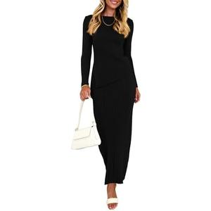 PRETTYGARDEN Women 2 Piece Outfits Long Sleeve Asymmetric, Slit Hem Tops Midi Bodycon Skirt Sets Lounge Knit Sweater Set Black M