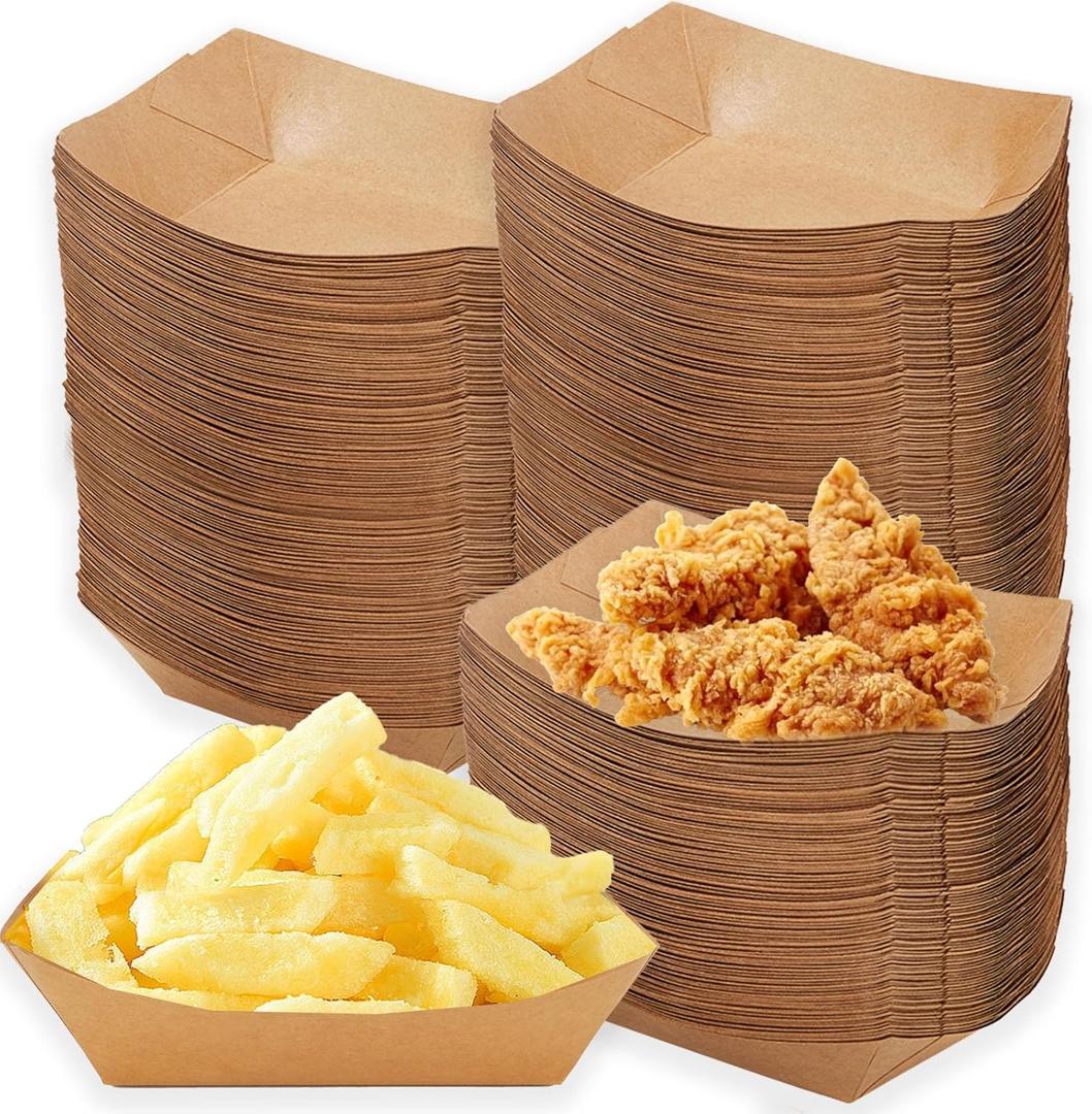 200 Pack 3 Lb Paper Food Boats, Disposable Brown Food Trays, Kraft Paper Boats for Serving Food, Paper Nacho Trays for Hot Dog, Fries, Popcorn Sauce, BBQ, Picnic, Party, Wedding, Christmas