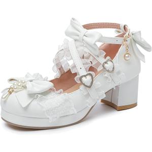 LUXMAX Women's Kawaii Shoes Cross Strap Pumps Cute Ankle Strap Mary Jane Shoes Wedding Lace Mid Chunky Heel Pumps (8, 1-white)
