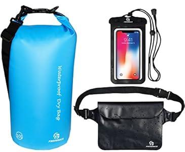 Freegrace Waterproof Dry Bags Set of 3 Dry Bag with 2 Zip Lock Seals & Detachable Shoulder Strap, Waist Pouch & Phone Case - Can Be Submerged Into Water - for Swimming (Sky Blue, 10L)