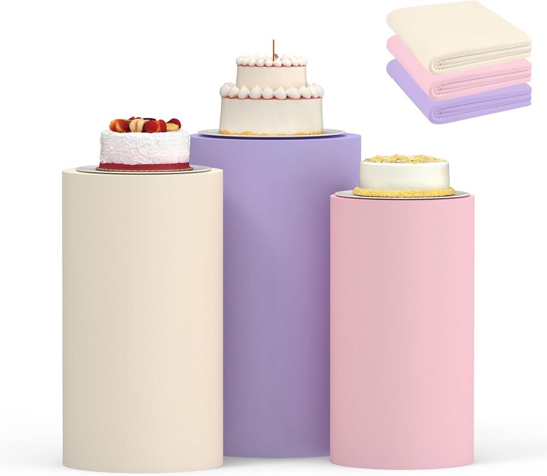 Cylinder Covers Set of 3, Cylinder Stand Covers for Parties,Round Pedestal Stand Covers for Cylinder Stands for Wedding Party Birthday Display(Cylinder Stands Not Included) (Pink Beige Purple, S+M+L)