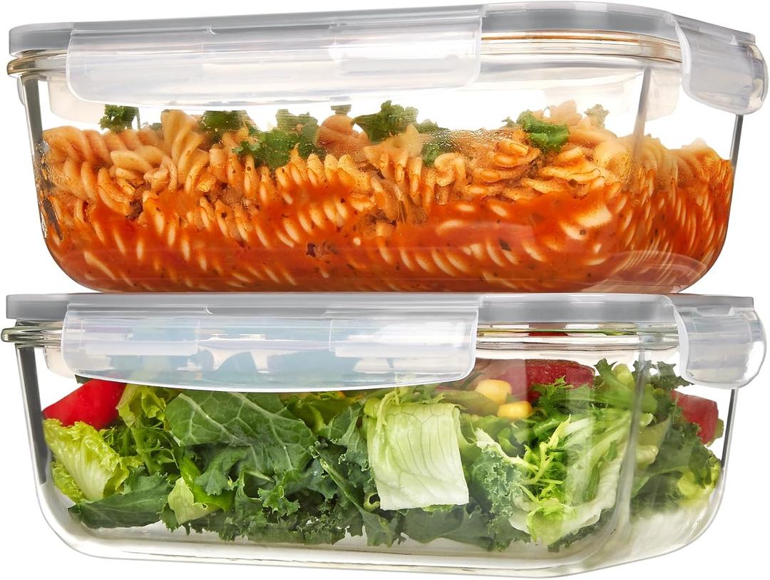 Vtopmart 2Pack 1860ml/63oz Large Glass Storage Containers with Lids, Meal Prep Food Container Set with Snap Airtight Lid for Baking, Microwave, Oven, Leak Proof, for Freezer, Dishwasher, Grey
