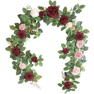 Lookein Artificial Rose Flower Garland Greenery Garland 5FT for Wedding Ceremony Backdrop Arch Flowers Table Centerpieces Decorations, Burgundy