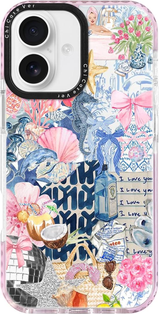 for iPhone 16 Plus Case, Coastal Romantic Y2K Design with Military-Grade Drop Protection, Romantic Ocean Theme Ocean Theme TPU Cover with 1.5mm Camera Protection for Women Girls