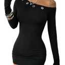 Verdusa Women's Punk Grommet Eyelet Off Shoulder Dress Y2K Bodycon Long Sleeve Dress Black X-Small