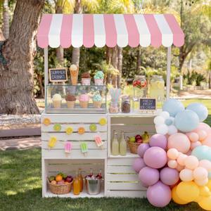 Novabright Ice Cream Party Display Stand 55x31 Inch with Pink White Striped Awning Wooden Vendor Cart Summer Party Decoration for Birthday Baby Shower Summer Wedding Decor