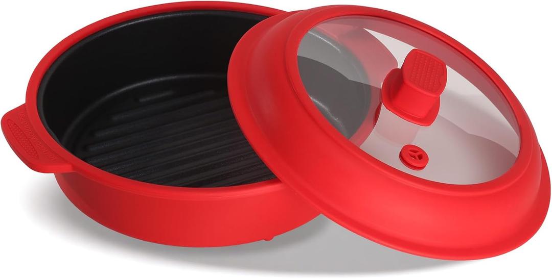 GLOU-GLOU GOOSE GGG Microwave Grill Pan, Fry Griddle Crisper Pan with Lid for Grilling Browning and Crisping Foods Microwave Silicone Cookware for Meat Sandwich Vegetable Red