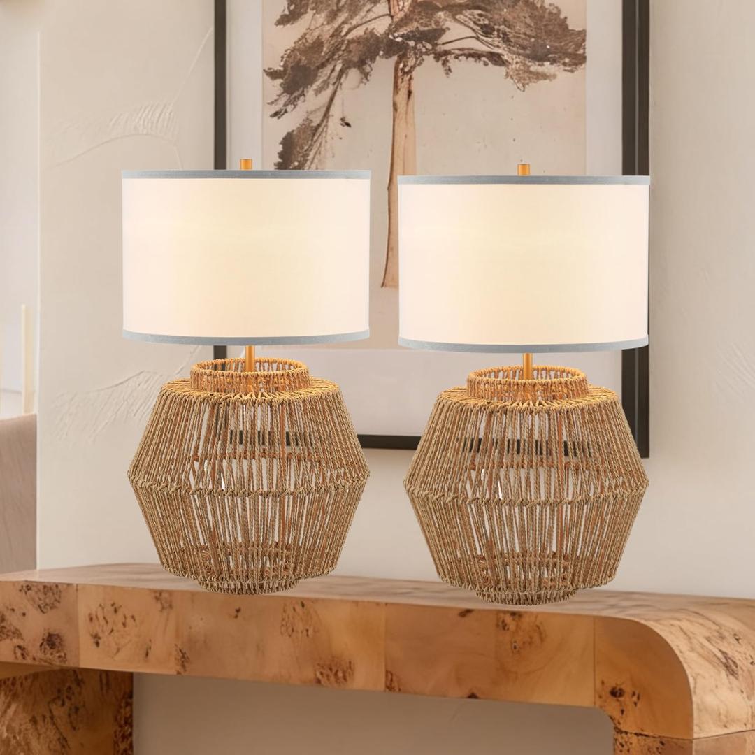 VILUXY Woven Rattan Table Lamps 2 Packs Plug-in Boho White Fabric Shade Bedside Light Farmhouse Nightstand Lamp for End Table Living Room Bedroom Entryway