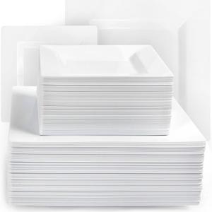 Aya's Cutlery Kingdom 100 Square Plastic Plates - Heavy Duty Disposable Plates - Includes 50 Dinner Plates (10-Inch) and 50 Salad Appetizer Plates (7-Inch) - Elegant White Party Plate for Holidays