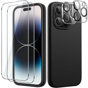 JETech 5 in 1 Silicone Case for iPhone 14 Pro Max 6.7-Inch, with 2-Pack Screen Protector and 2-Pack Camera Lens Protector, Full Coverage Tempered Glass Film, Shockproof Phone Cover (Black)