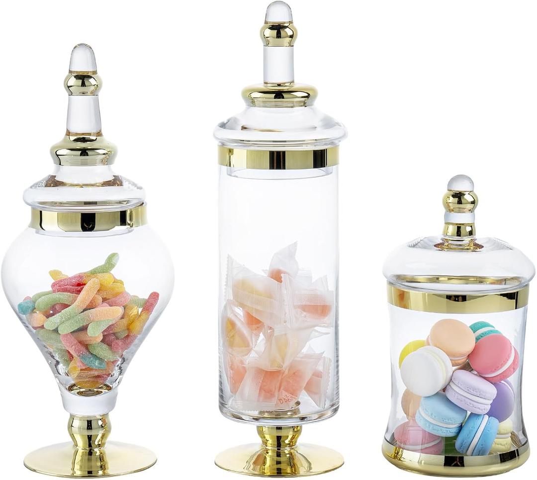 MyGift 3 Piece Set Antique Clear Glass Bathroom Apothecary Jars with Lid, Wedding Centerpiece, Kitchen Storage Jars with Metallic Brass-Tone Design (Gold)