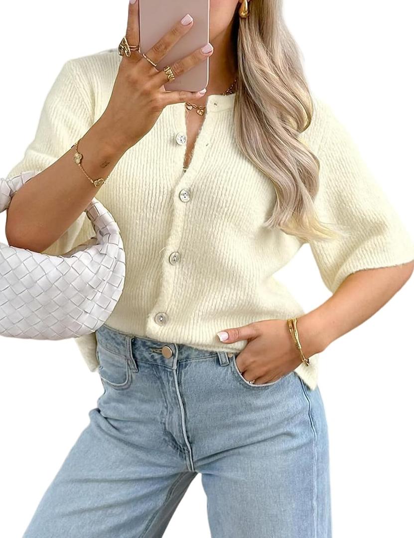 Arssm Women's Knitted Crop Cardigan Y2k Short Sleeve Button Down Cardigan Shirt Ribbed Knit Solid Color Lightweight Outwear (X-Large, Beige) Arssm Women's Knitted Crop Cardigan Y2k Short Sleeve Button Down Cardigan Shirt Ribbed Knit Solid Color Lightweight Outwear (X-Large, Beige)