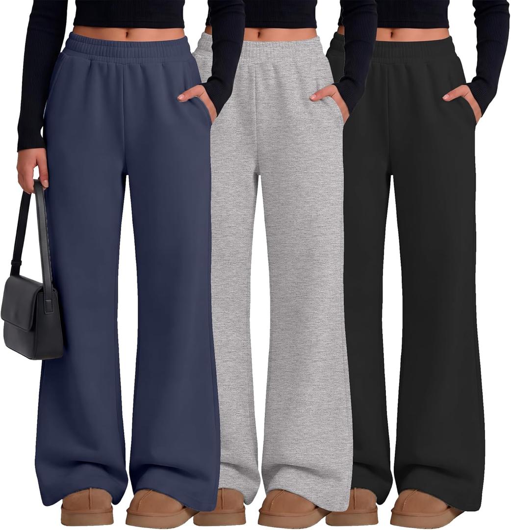 3 Pack Girl's Uniform Flared Sweatpants Elastic Waist Bell Bottom Casual Athletic Pants with Pockets (11-12 Years, Navy Blue, Light Heather Gray, Black)