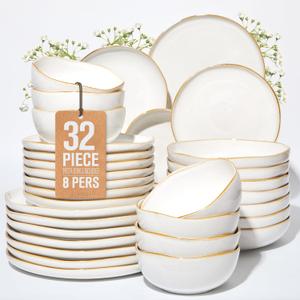 Pokini 32 Piece White Dinnerware Set with Pasta Bowls, Reactive Glaze Stoneware for 8 | Perfect for MultiCourse Dinners, Hosting Large Groups, Holiday Serving Needs