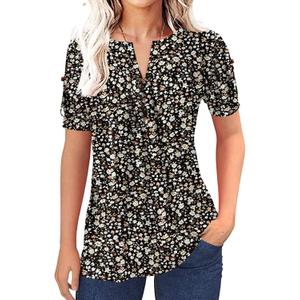 Women's Zipper Summer Pleated Button Short Sleeve T-Shirt Summer V-Neck Solid Color Casual top (Black)