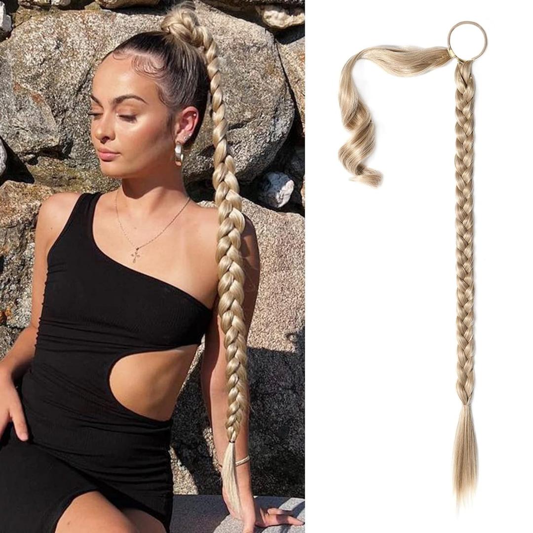 SEIKEA Upgraded Long Braid Ponytail Extension with Elastic Tie Straight Sleek Wrap Around Braid Hair Extensions Ponytail Blonde with Pale Gold Highlights 34 Inch (After Braided 30 Inch)