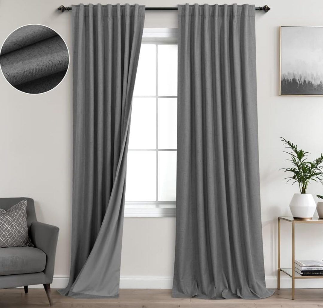 KOUFALL Grey Black Out Curtains 84 Inch Long,Blackout Linen Dark Gray Curtains for Bedroom Living Room 2 Panels Set