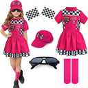 G.C 8pcs Kids Girls Race Car Driver Costume Toddler Racing Suit Rose Red Racer Dress Costumes Accessories Car Cap Knee Socks Sunglasses Flags Halloween Dress up Clothes (XS(3-4T))