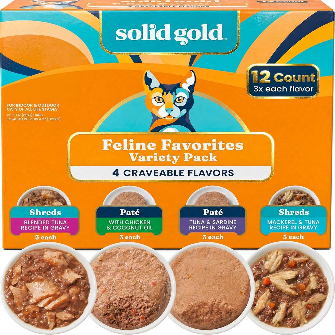 Solid Gold Wet Cat & Kitten Food, Pate & Shreds in Gravy, Variety 12ct (EXP 02/01/28)