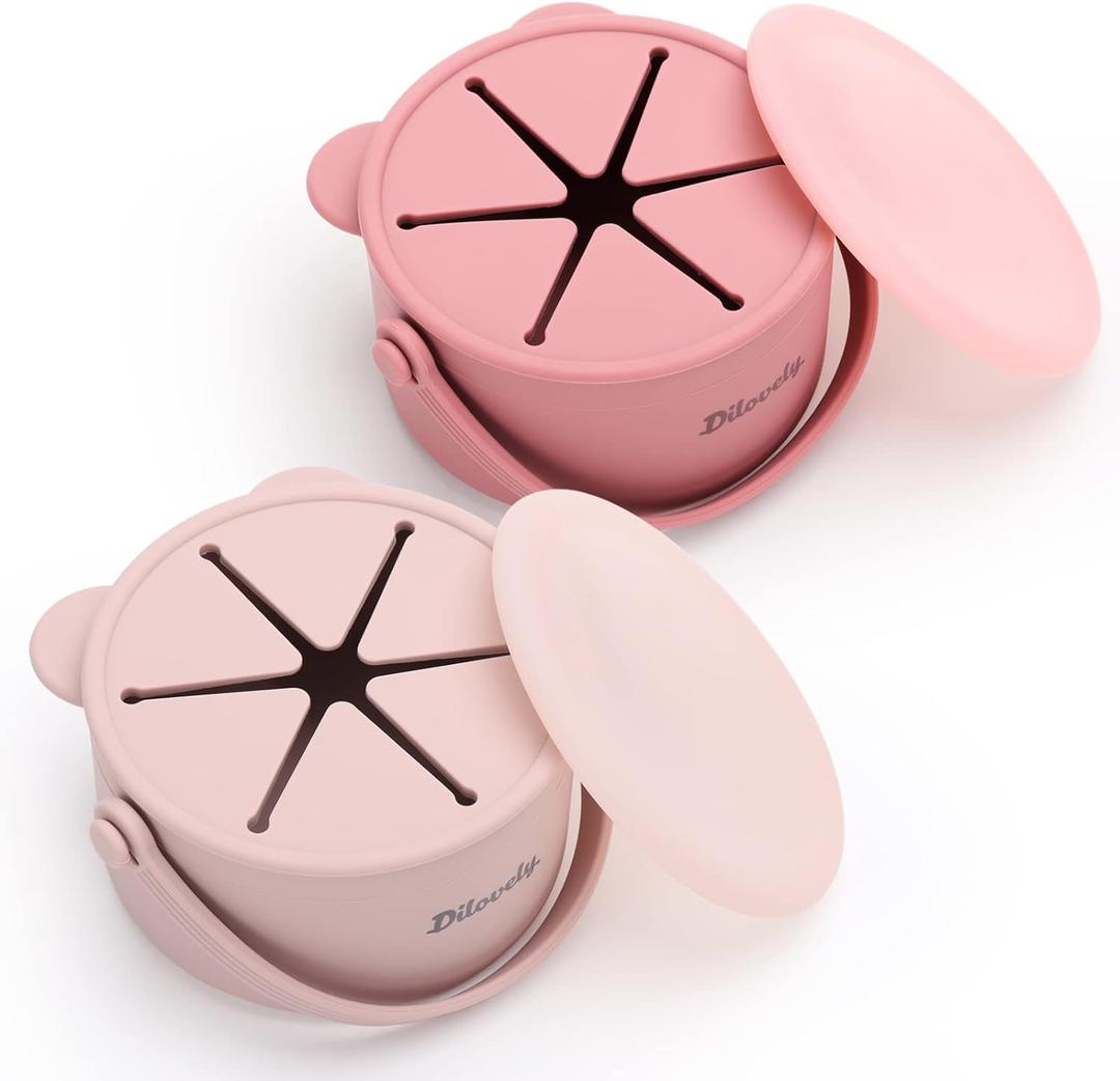 Dilovely Silicone Snack Cups for Toddlers, Toddler Snack Containers, Baby Treat Catcher with DustProof Lid 2 Pack Dishwasher Safe and BPA Free 9 Oz (Rose Lilac)