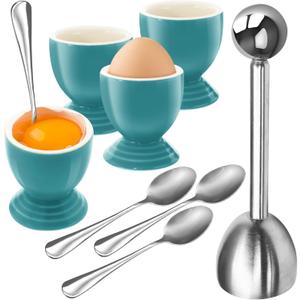 vibedor Colorful Soft Boiled Eggs Cups Set, 4 Ceramic Egg Stands and 1 Stainless Steel Egg Cutter, 4 Perfect Egg Spoons for Kitchen and Breakfast Host(Caribbean)