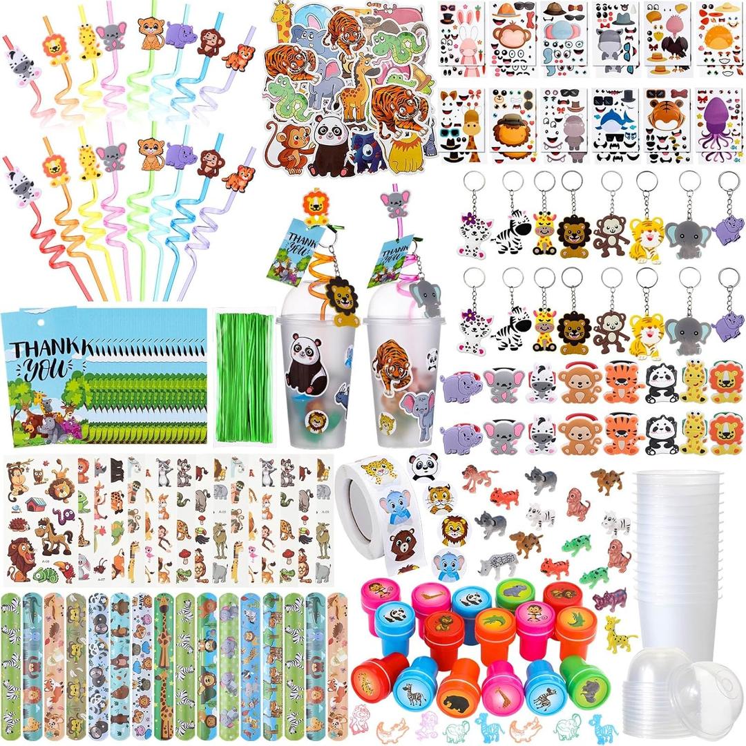 Poen 172 Pcs Jungle Party Favors Set Include Cup Straw Stamp Clap Bracelet Keychain Ring Puzzle Sticker Animal Miniature Card for Birthday Party Baby Shower Goody Bag Stuffer