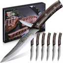 Steak Knives Set of 6, 4.8 Inch Carbon Steel Japanese Style Non-Serrated Meat Knife with Damascus Pattern, Ergonomic Full-Tang Non-Slip Wooden Handle, Thanksgiving Christmas Cooking Gifts (Brown)