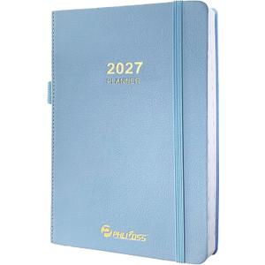 2027 Daily Planner/Calendar, One Page Per Day, Daily Monthly Agenda Planner with Time Slots and Monthly Tabs, Jan - Dec 2027, 5.7" x 8.25" Appointment Book, Pen Holder, Leather Cover (Sky Blue)