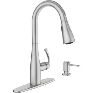 Moen Essie Spot Resist Stainless Pulldown Sprayer Kitchen Sink Faucet Set with Modern Pump Soap Dispenser, 87014SRS