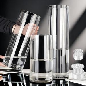 3 Large Acrylic Clear Cylinder Vase Set with 2 Spiral Ikebana Stem Holder Ring, Unbreakable Tall Plastic Hurricane Vases for Wedding Centerpieces Flower Bouquet Decor (3 Vases + 2 Holder)