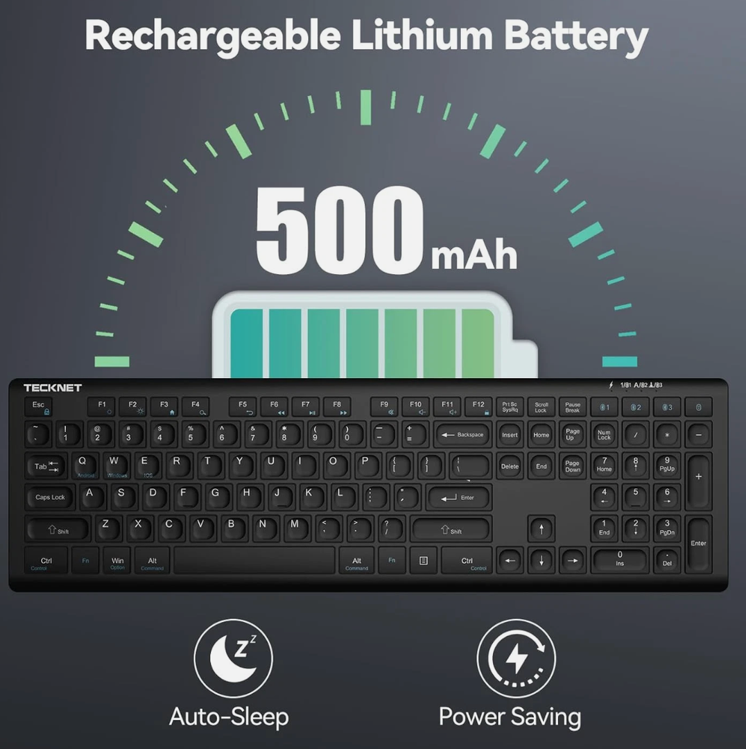 TECKNET Bluetooth Keyboard Rechargeable, 4Device (2.4G+BT) Wireless Keyboard, Full Size Computer Keyboard with Stand, UltraSlim Quiet Typing, for PC/Laptop/Smart TV/Phone/Tablet, 12 Hotkeys