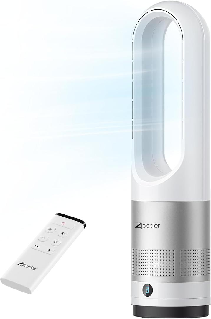 Zicooler Bladeless Fan for Bedroom, 22" Quiet Oscillating Tower Fan with Remote, 8 Speeds, 90 Wide-Angle, 35dB Quiet, 9H Timer, LED Display, Compact Bladeless Tower Fan for Living Room Office Kitchen (White + Silver)