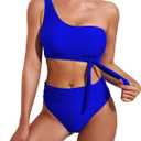 Pink Queen Women's One Shoulder High Waisted Bikini Set Two Piece Tie Ruched Swimsuit (Medium)