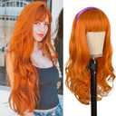 Orange Ginger Wig With Bangs Long Curly Wavy Daphne Costume Wig Heat Resistant Synthetic Bangs Wigs for Women Daily Party Use (26 Inches)
