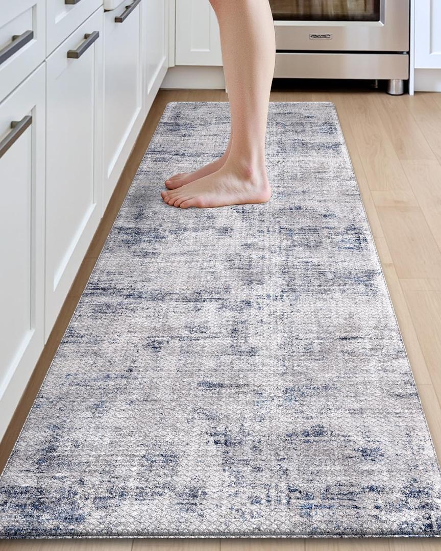 DEXI Kitchen Floor Mats Cushioned Anti Fatigue, 23x86 Long Wide Standing Comfort Runner Rug, Waterproof Retro Floral Memory Foam Padded for Front Sink Laundry, Blue