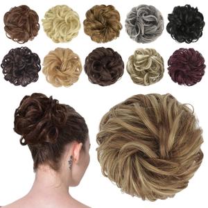 FESHFEN Messy Bun Hair Piece - Wavy Synthetic Chignon Scrunchies for Instant Volume, Elastic Bun Ponytail Hair Extensions Thick Hairpieces for Women, Brown & Blonde 1.50 oz