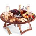 Geetery Portable Wine Picnic Table 19.7 x 19.7 Inches Large Folding Wooden Picnic Table with Glass Holder Removable Center Tray Stainless Steel Cup for Beach Camping Outdoor Parties Wine Lovers Gifts