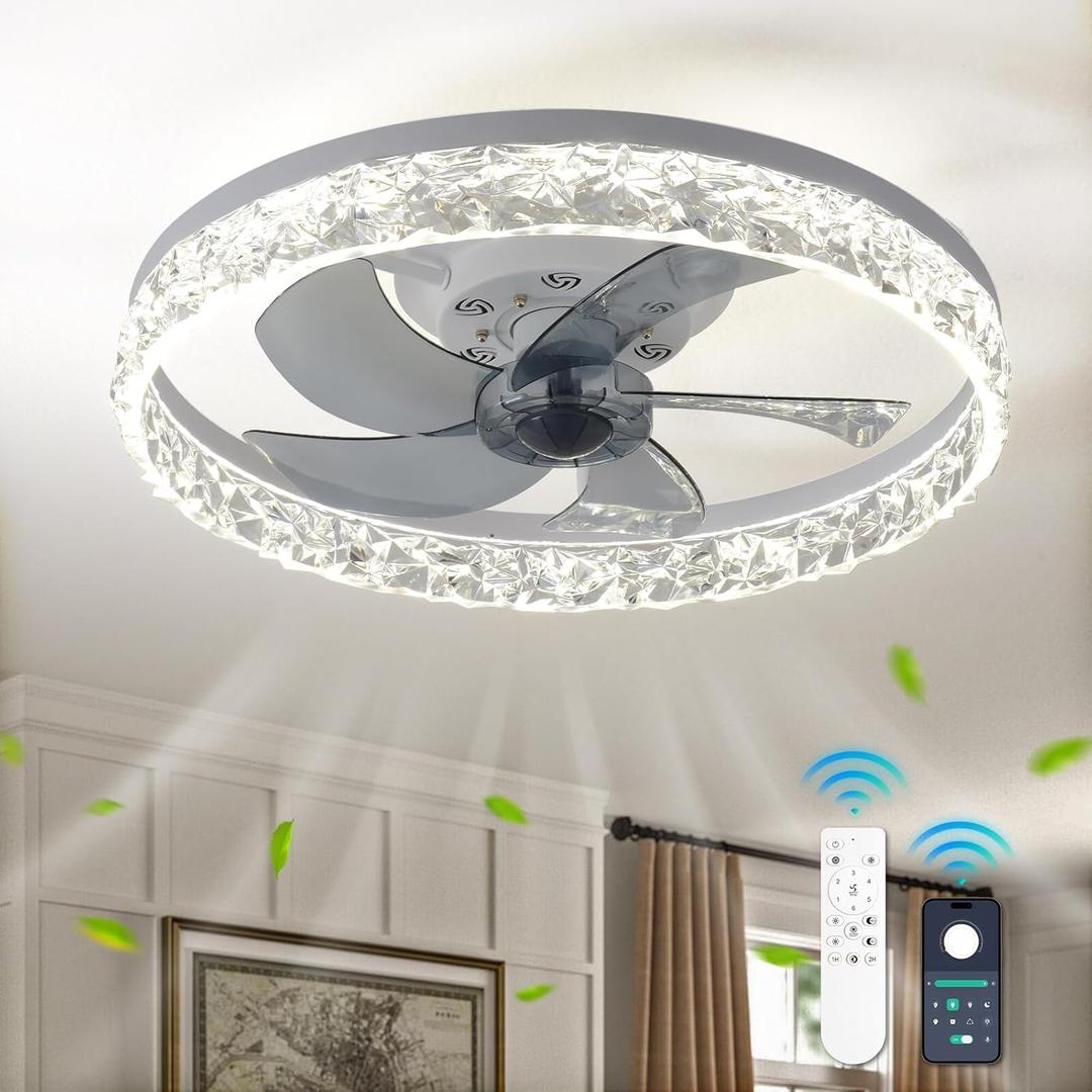 FRIXCHUR 19.7" Crystal Chandelier Fan Modern Flush Mount Ceiling Fan with Lights Dimmable Low Profile Ceiling Fans 6 Speeds 3 Color Fandeliers for Bedroom Living Room Kitchen (White)