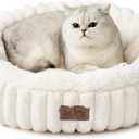 Cat Bed with Hooded Blanket, Round Fluffy Anti-Anxiety Pet Bed for Cats/Small Dogs, Cozy Donut Cuddler with Machine Washable Faux Fur & Anti-Slip Bottom(23"×23"×6",Cream)