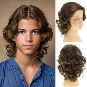Short Curly Wavy Boys Wig Brown Synthetic Heat Resistant Halloween Cosplay Hair Wig