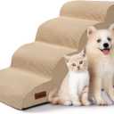 Aodisman Dog Steps for Bed, 4-Step Dog Stairs Ramp for Small Dogs and Cats, Indoor Non-Slip Pet Stairs Suitable for Older, Short-Legged, and Puppy Dogs to Climb Onto High Beds and Couch, 17.4" H,Khaki