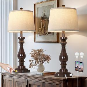 29" Tall Vintage Table Lamps Set of 2,Farmhouse Bedside Lamps with USB C+A Ports & AC Outlet,3-Way Dimmable Touch Lamp for Night Stands Living Room Bedroom,Brown