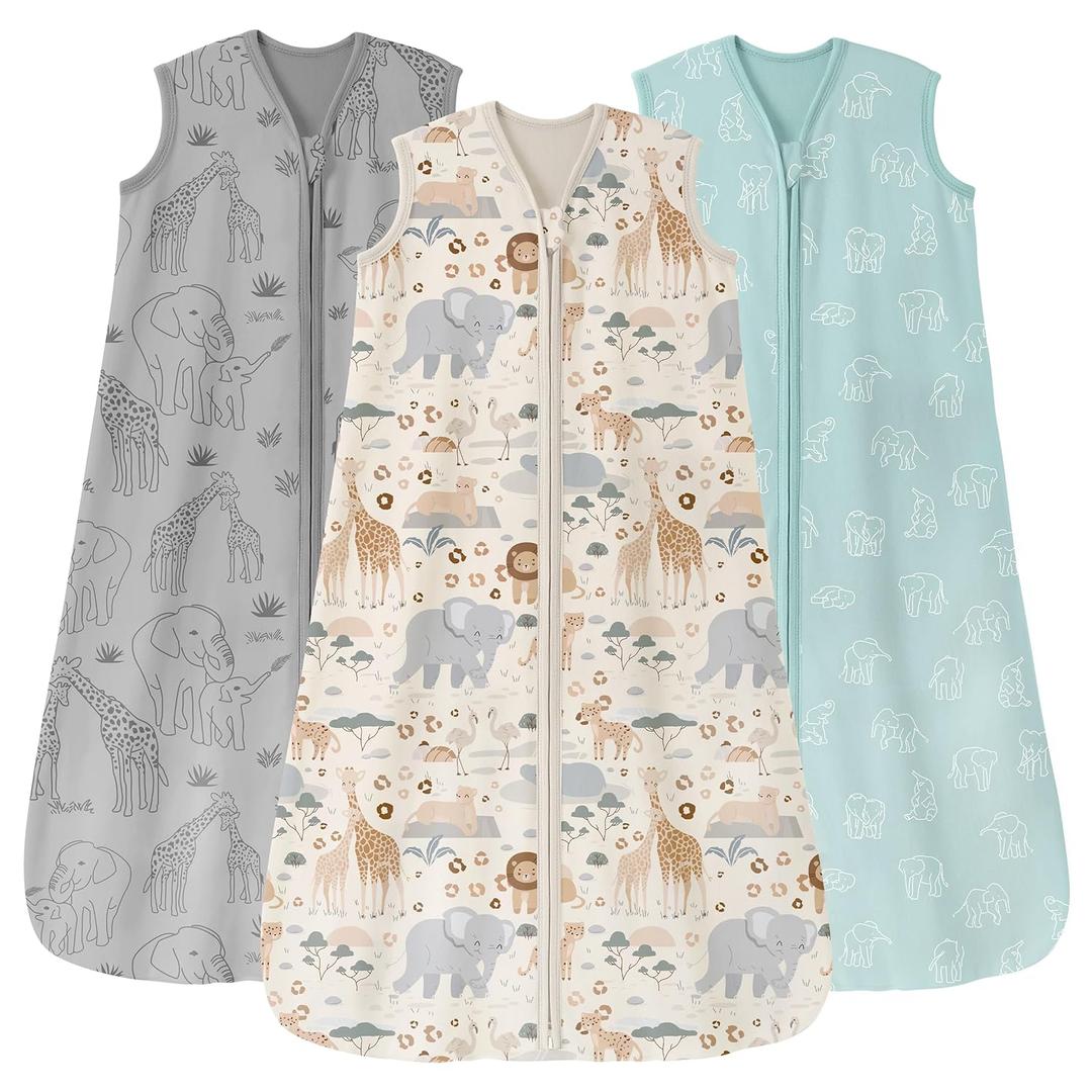 Unnivoll Baby Sleep Sack 12-18 Months 0.5 Tog Wearable Blanket Baby, 3 Pack 100% Cotton Lightweight Sleeping Sack with 2-Way Zipper for Infant Toddler Apricot Gray Green Elephant