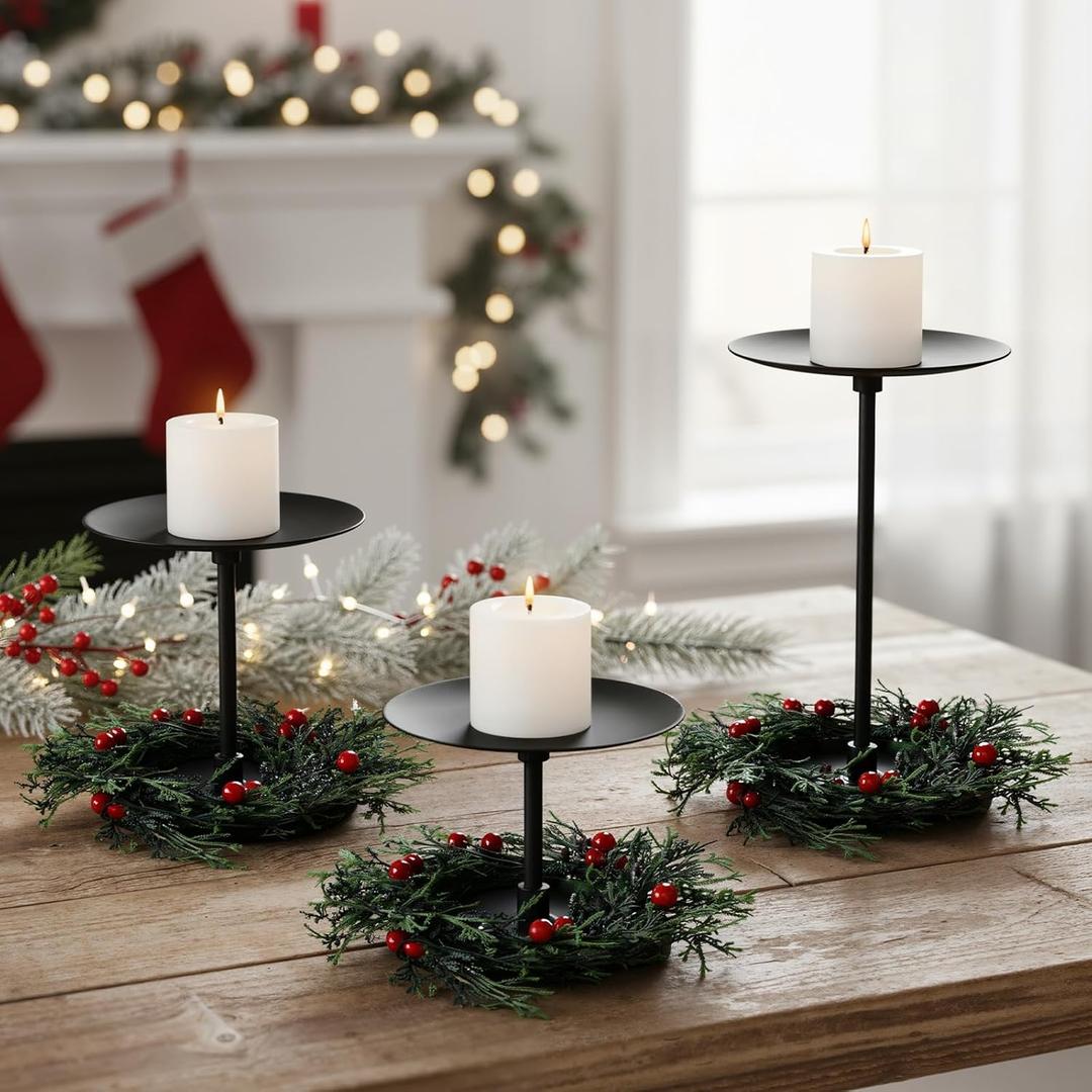 Baderke 3 Sets Christmas Candle Holders with Artificial Wreath 3 Sizes Black Pillar Fireplace Decoration Christmas Table Centerpiece Decor Red Berry Pine Garland Candle Rings for Xmas Home Dinning