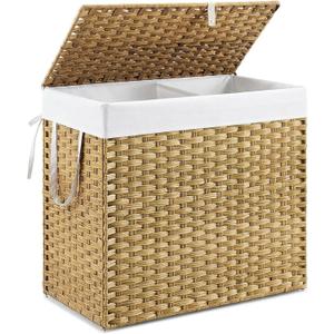 DUMOS Wicker Laundry Basket with Lid, 110L Woven Laundry Hamper with Handles, Foldable Rattan Clothes Hamper with Removable Liner & Sturdy Steel Frame, Goose Yellow