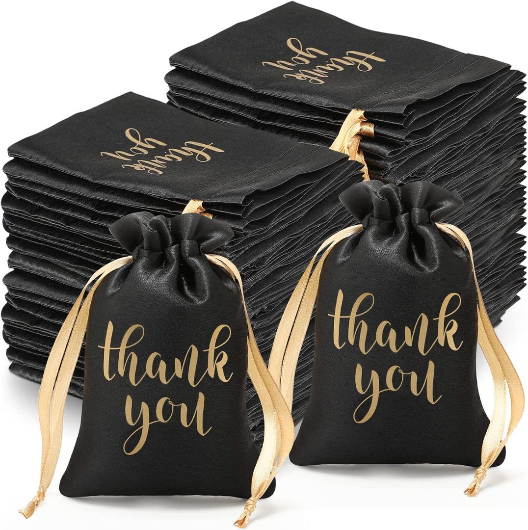 Roowest 100 Pcs Thank You Satin Gift Bags Drawstring Jewelry Candy Pouches for Wedding Bridal Shower Baby Shower Favor Drawstring Bag for Birthday Holiday Party(4 x 6 Inch,Black)