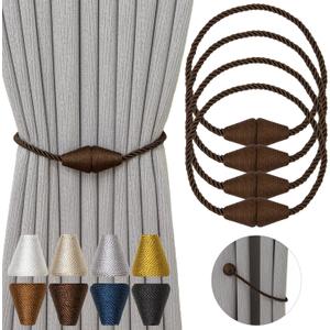 Magnetic Curtain Tiebacks 4 Pack Outdoor Rope Curtain Tie Backs Decorative Window Treatment Holdbacks for Home Decorative Curtain, Coffee