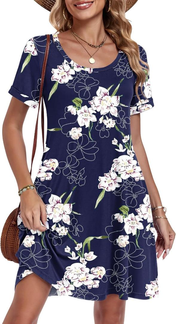 AUSELILY Women's Summer Casual Dresses 2026 Short Sleeve Swing Beach Floral T-Shirt Dress with Pockets (XX-Large, Floral Navy Blue)