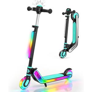 BELEEV Scooters for Kids with Infinity Mirror Light-Up Deck, LED Stem & Wheels, 12 Light Modes, 2 Wheel Folding Kick Scooter, 4 Adjustable Heights, Lightweight Scooter for Boys Girls Ages 3-12 (Aqua)